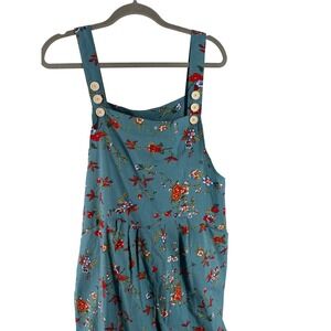 Floral Print Wide Leg Overalls Blue Square Neck Button Strap Jumpsuit Large